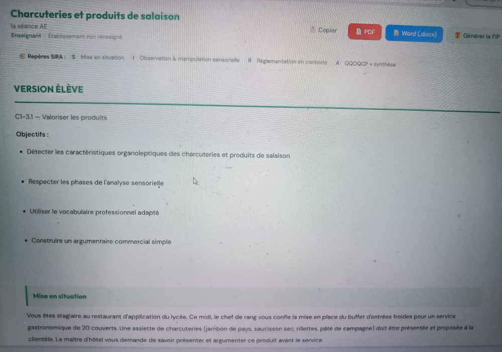 Extrait d'une fiche Atelier Expérimental générée par PédagoRestauration