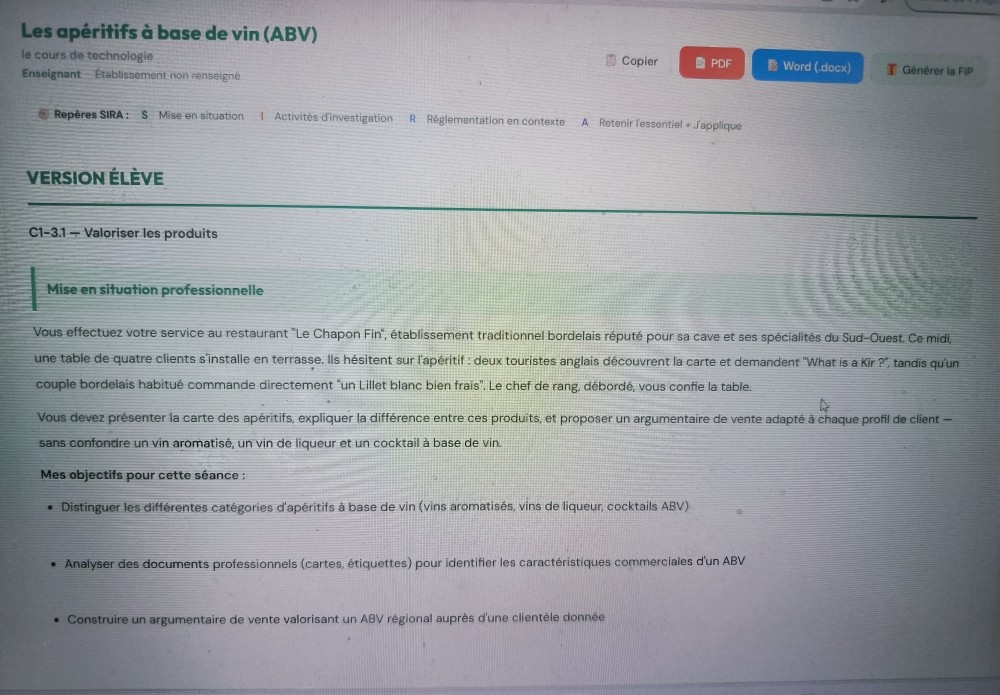 Extrait d'un cours de Technologie généré par PédagoRestauration